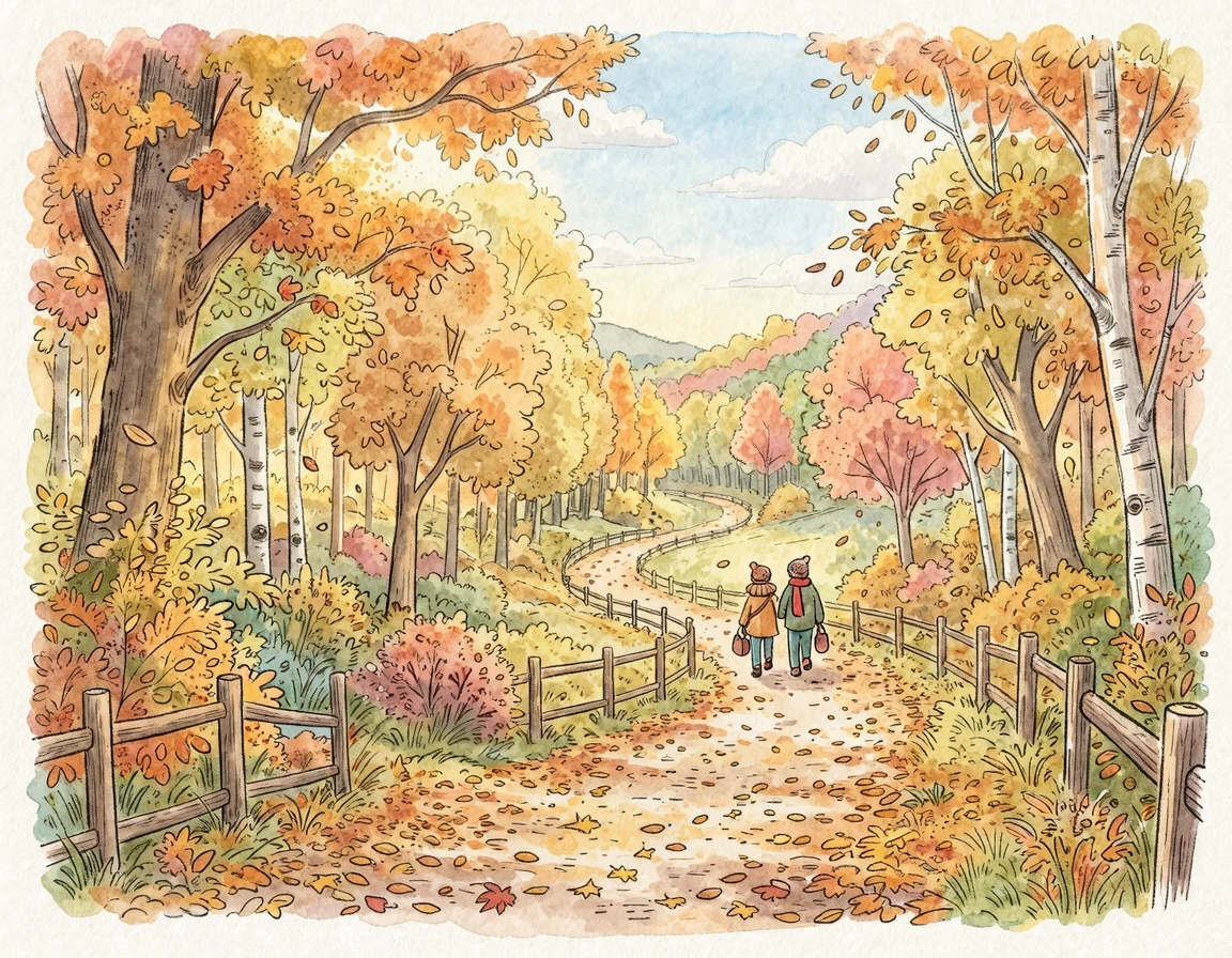 가을 낙엽이 깔린 따스한 공원 산책로