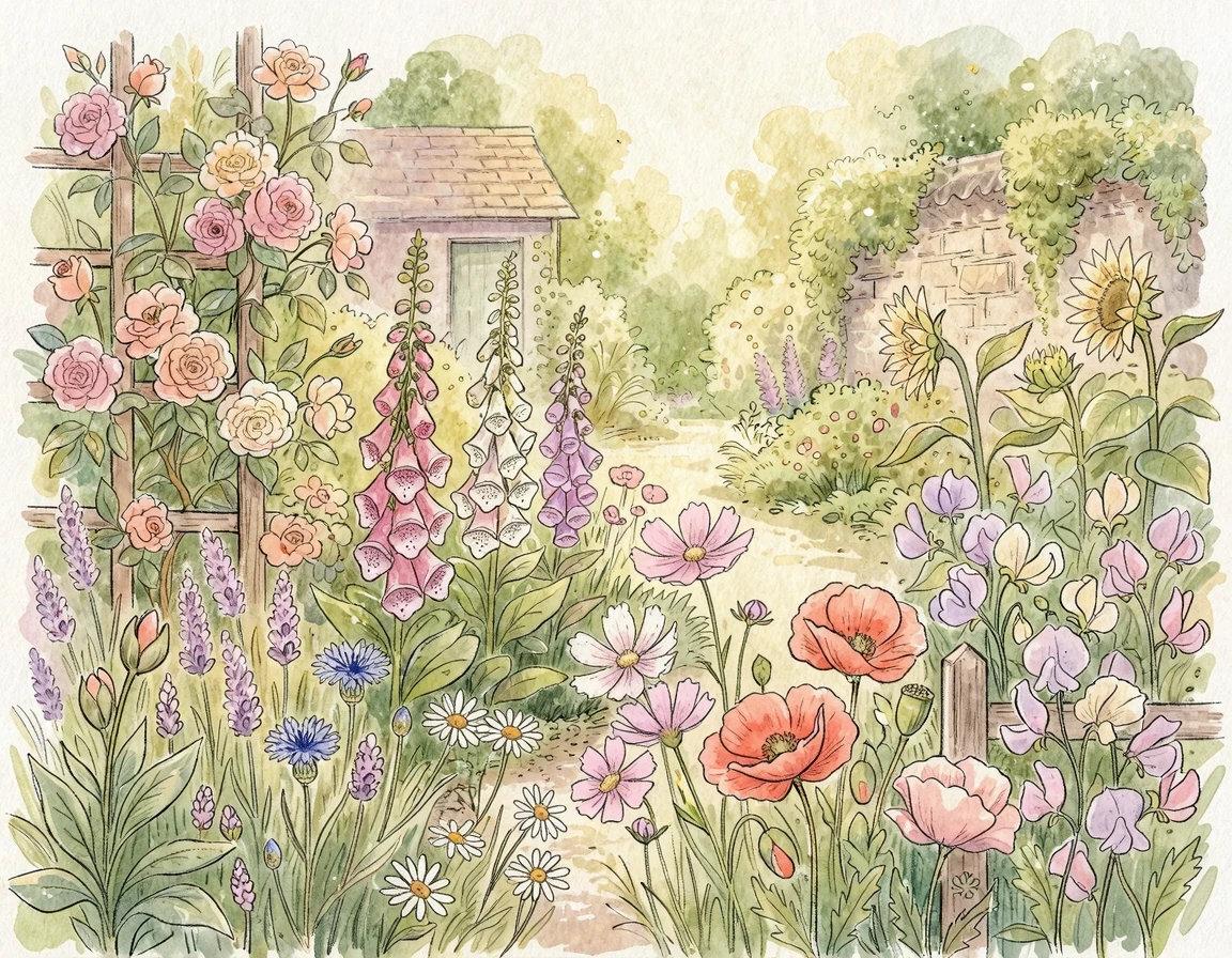 각기 다른 모습으로 피어나는 꽃들 일러스트