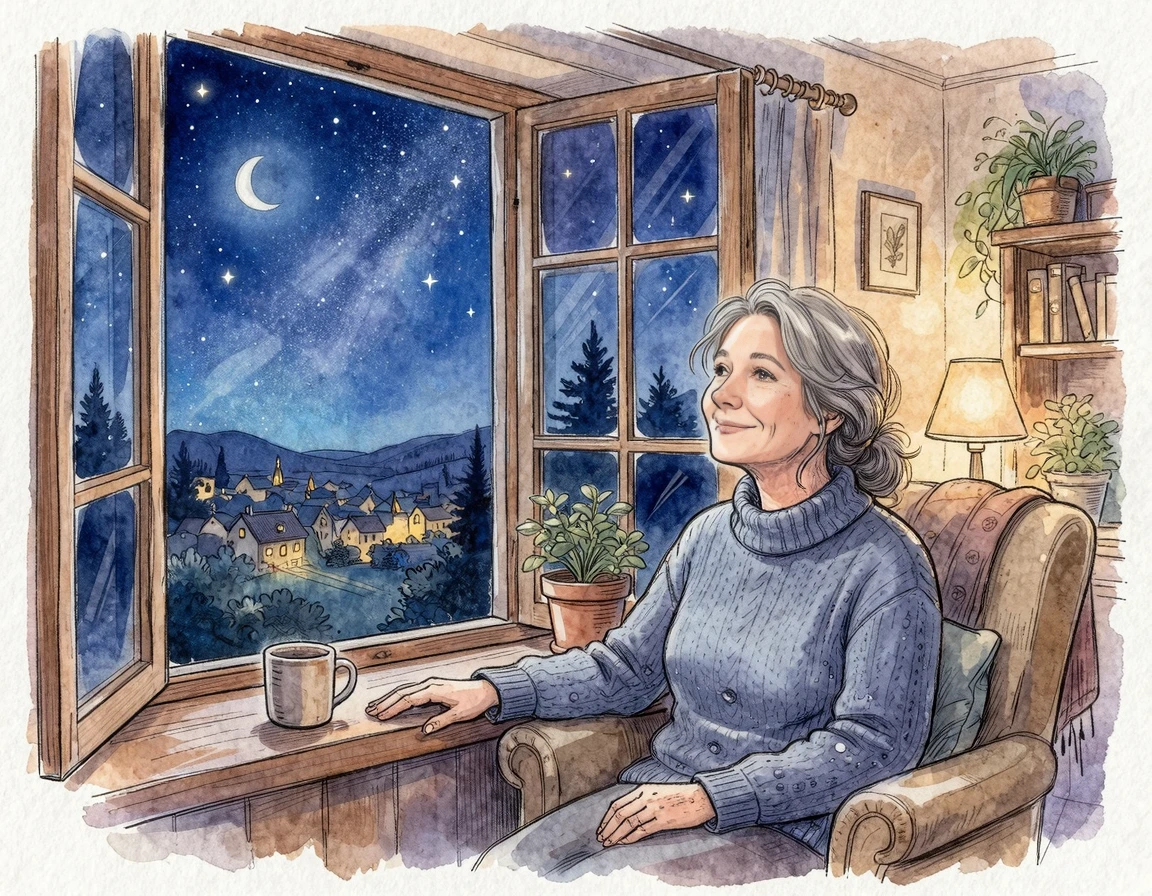 밤하늘의 별을 보며 평안하게 미소 짓는 중년 여성의 모습
