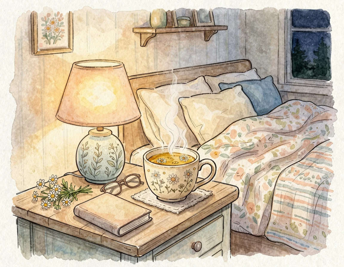 침대 옆 탁자 위에 놓인 따뜻한 차 한 잔과 조명