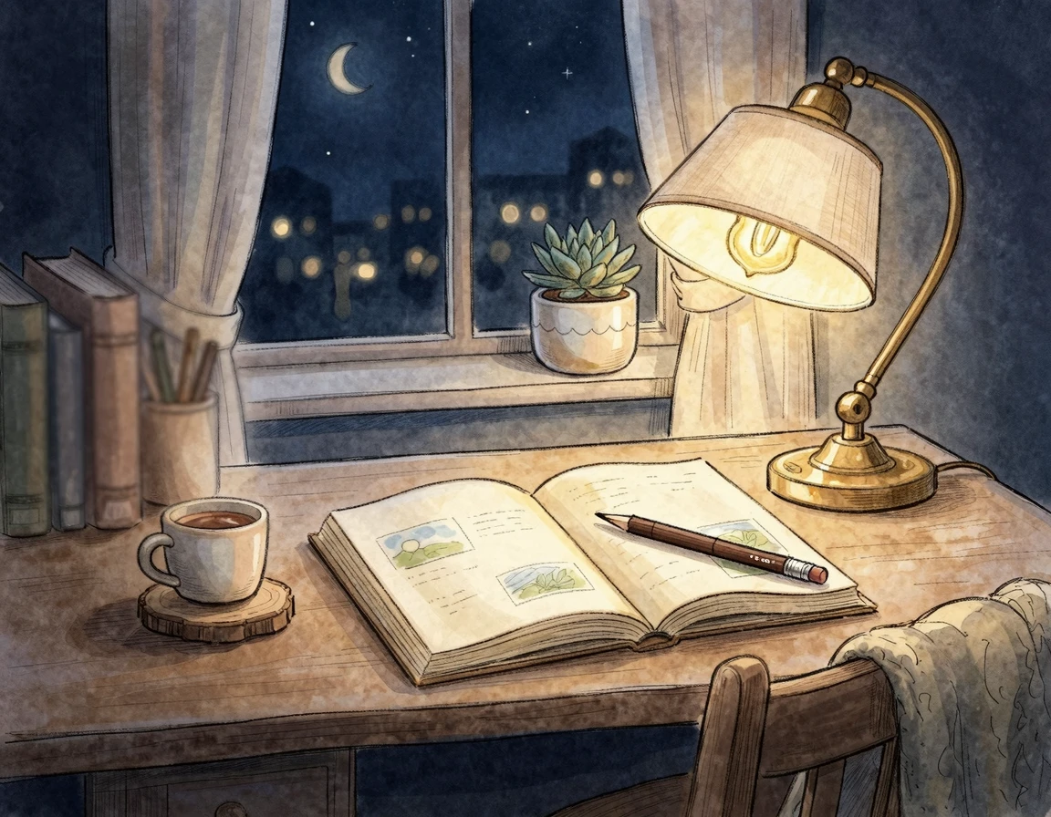 스탠드 불빛 아래 놓인 책상과 펼쳐진 책
