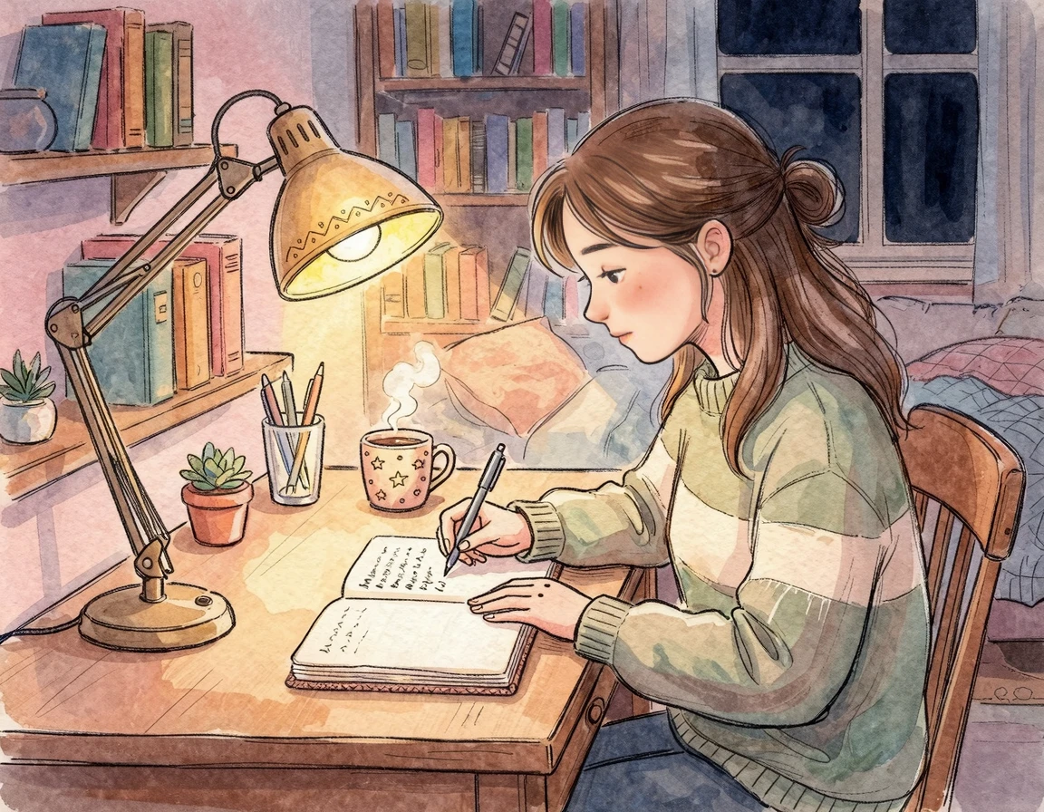 따뜻한 조명 아래서 감사 일기를 쓰는 모습