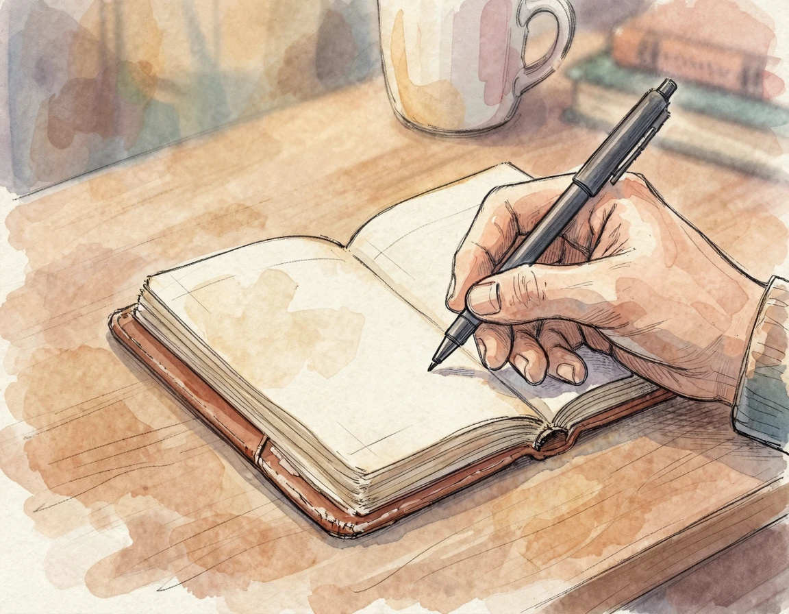 따뜻한 조명 아래서 다이어리에 글귀를 적는 손의 모습