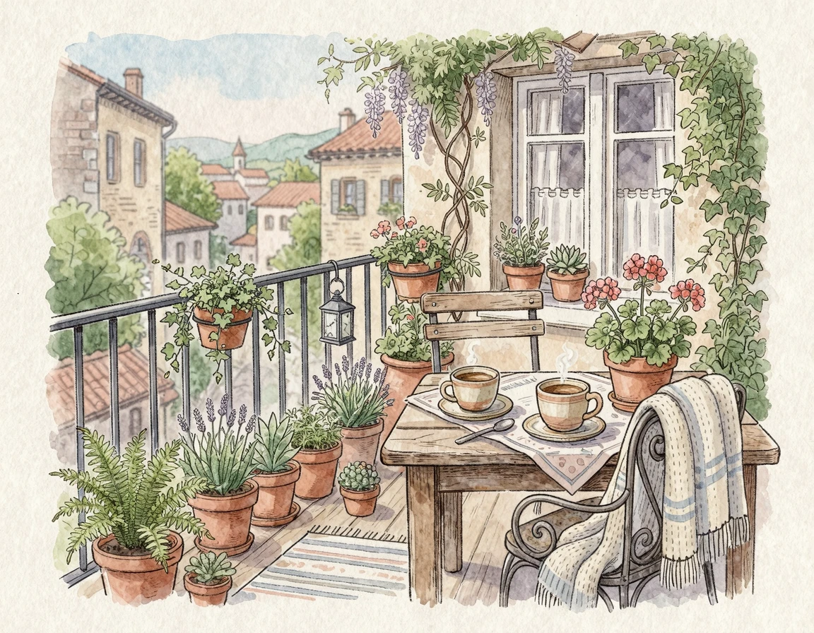 베란다 화분과 커피 두 잔이 있는 풍경 일러스트