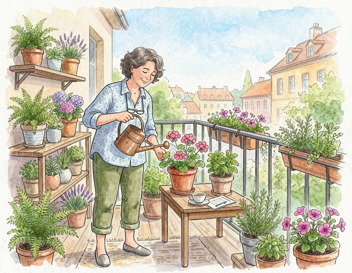 베란다에서 화초에 물을 주며 미소 짓는 중년 여성 일러스트