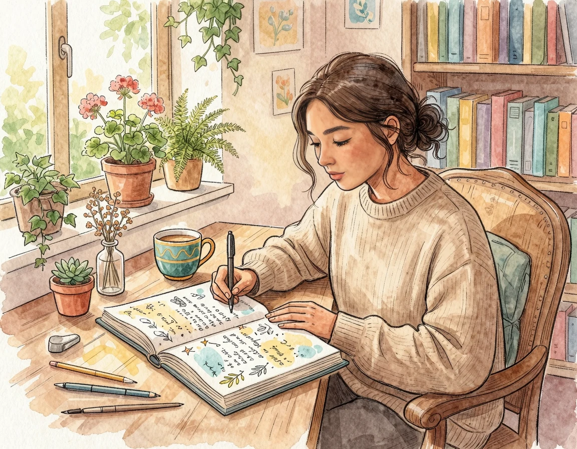 따뜻한 햇살 아래 책상에서 다이어리에 글을 적는 모습 일러스트