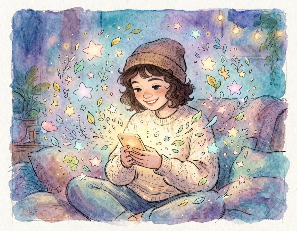 스마트폰을 보며 미소 짓는 사람 일러스트