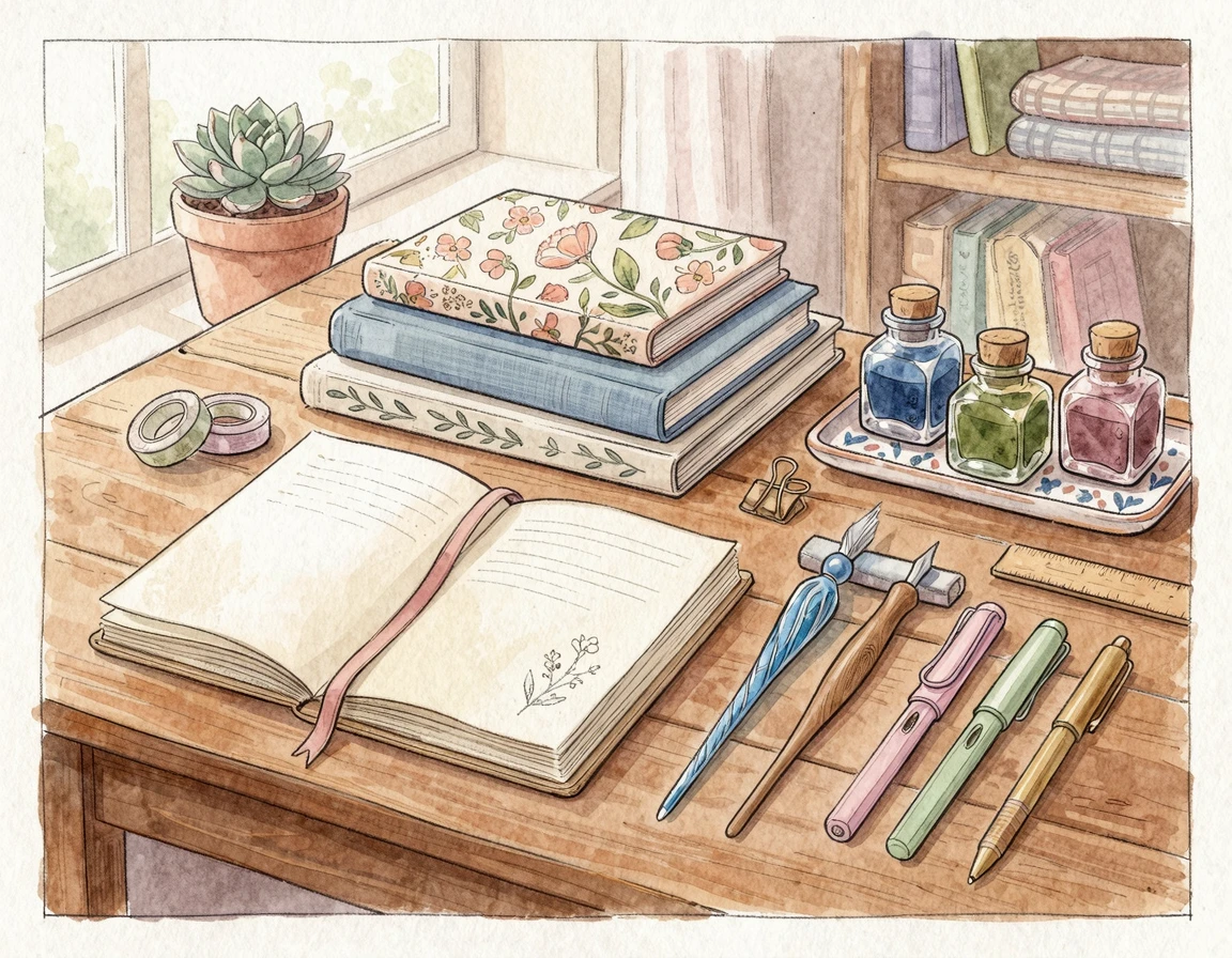책상 위에 가지런히 놓인 예쁜 노트와 펜, 잉크병들