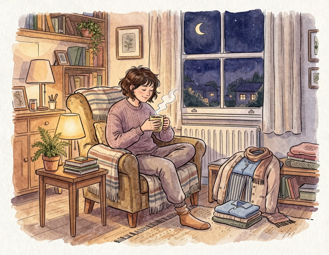 일요일 밤 차를 마시며 내일을 준비하는 평화로운 방 일러스트