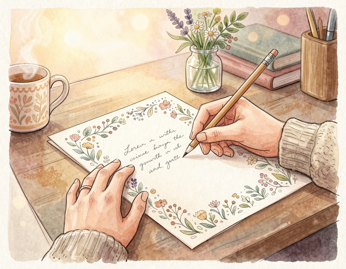 정성스럽게 편지를 쓰고 있는 따뜻한 손그림 일러스트