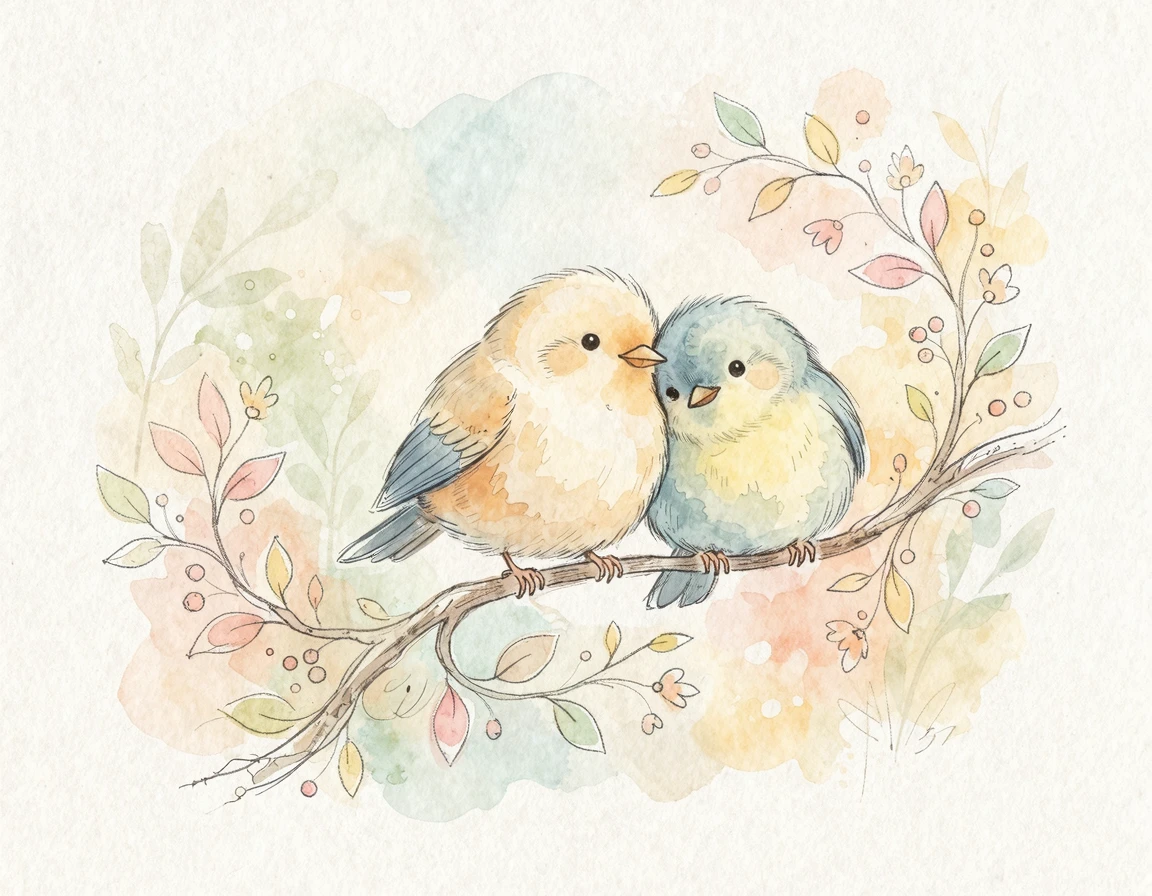 나뭇가지에 다정하게 앉아있는 작은 새 두 마리