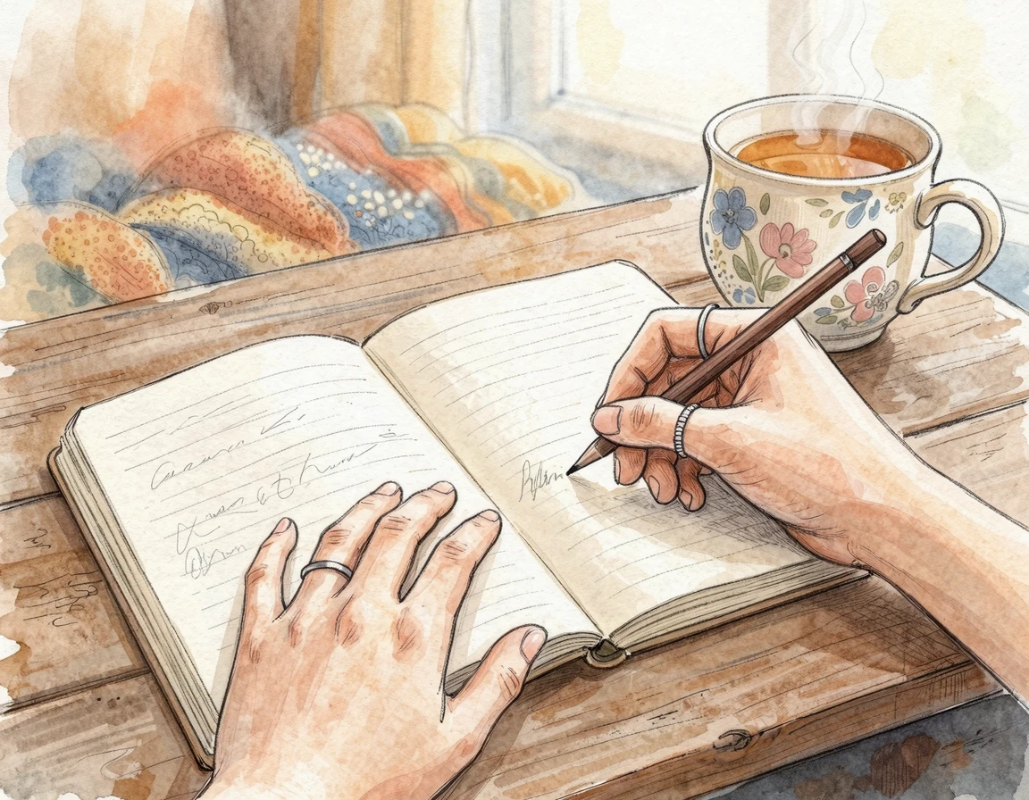 노트에 정성스럽게 글씨를 쓰는 따뜻한 손과 찻잔