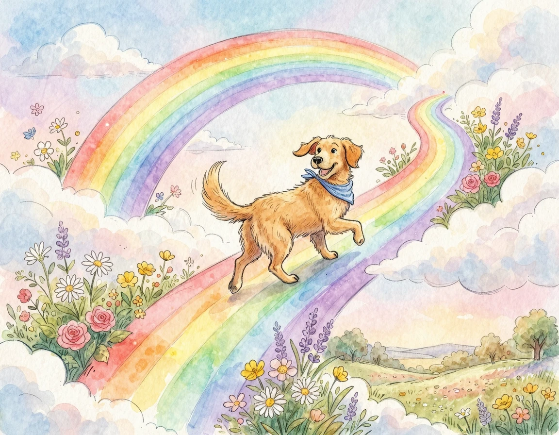 꽃과 구름에 둘러싸인 무지개다리를 건너며 뒤돌아보는 강아지 일러스트