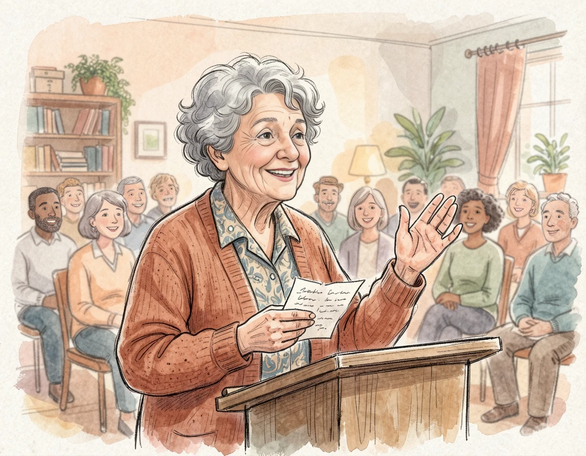 종이를 들고 따뜻하게 미소 지으며 축사를 하는 모습