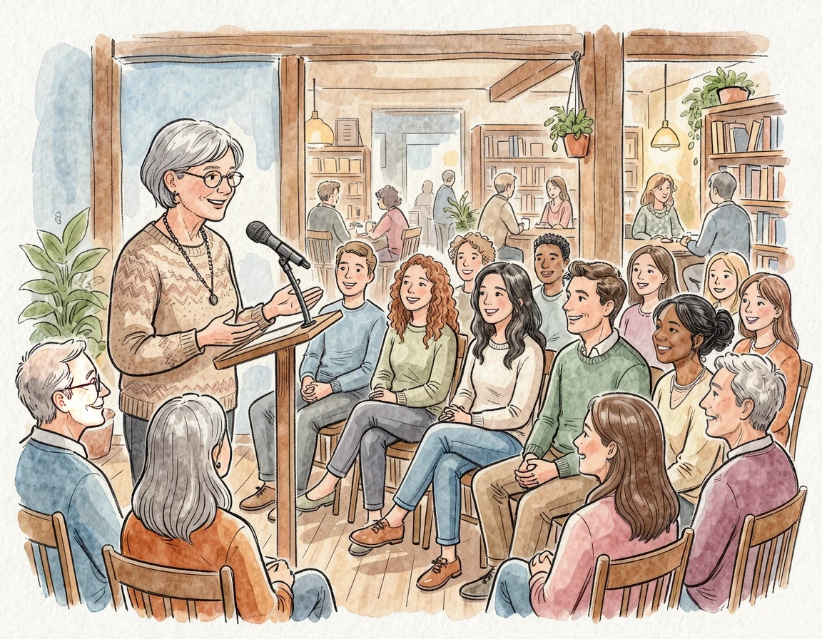 미소 지으며 이야기하는 중년 여성과 공감하는 청중 일러스트