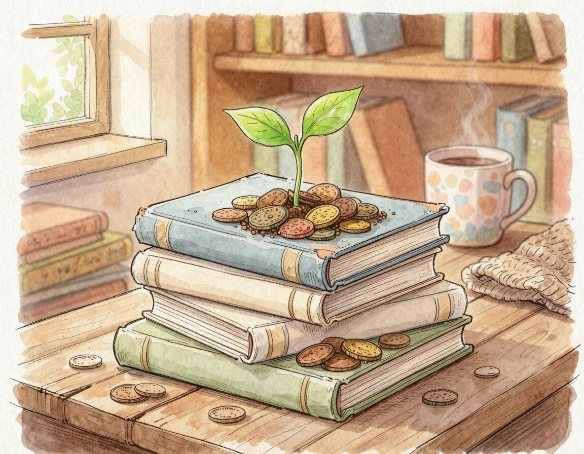 책과 동전 위에서 자라나는 작은 새싹 일러스트