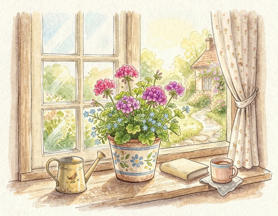 햇살 드는 창가의 예쁜 화분 수채화 일러스트