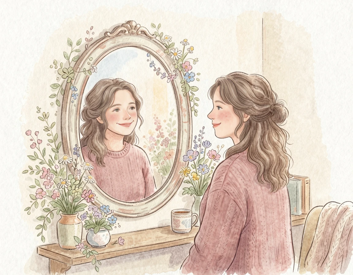 거울을 보며 미소 짓는 사람과 꽃 일러스트