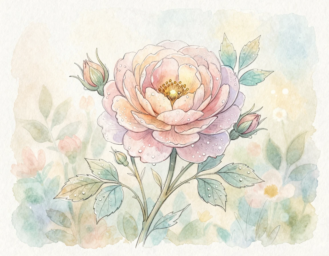 새로운 시작을 상징하는 아침 이슬 맺힌 꽃 한 송이