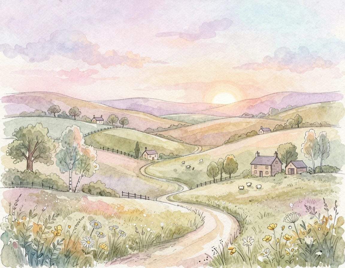 글귀를 적기 좋은 은은한 파스텔 톤의 노을 지는 언덕 풍경