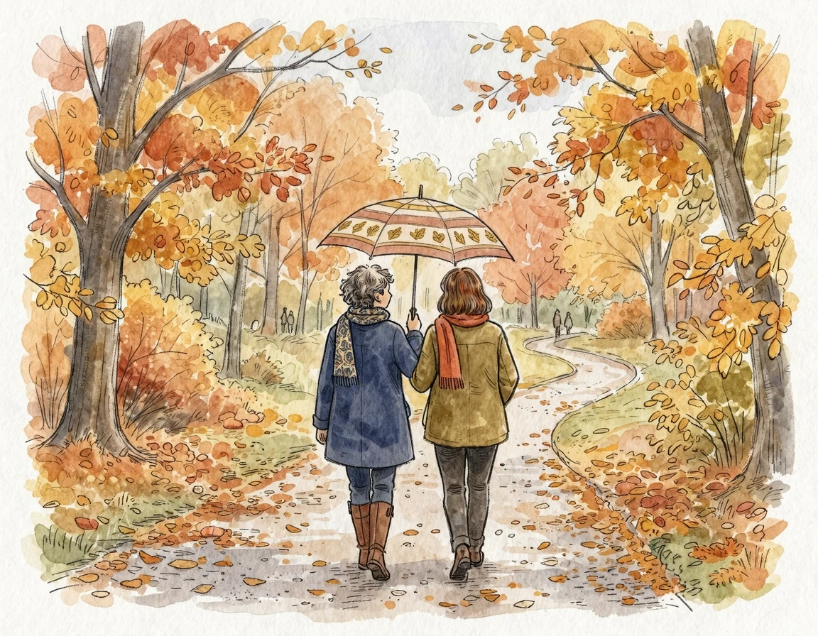 가을 나무 아래를 나란히 걷고 있는 두 중년 여성의 뒷모습