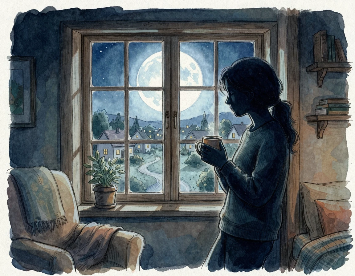 창밖을 바라보며 생각에 잠긴 엄마의 따뜻한 실루엣