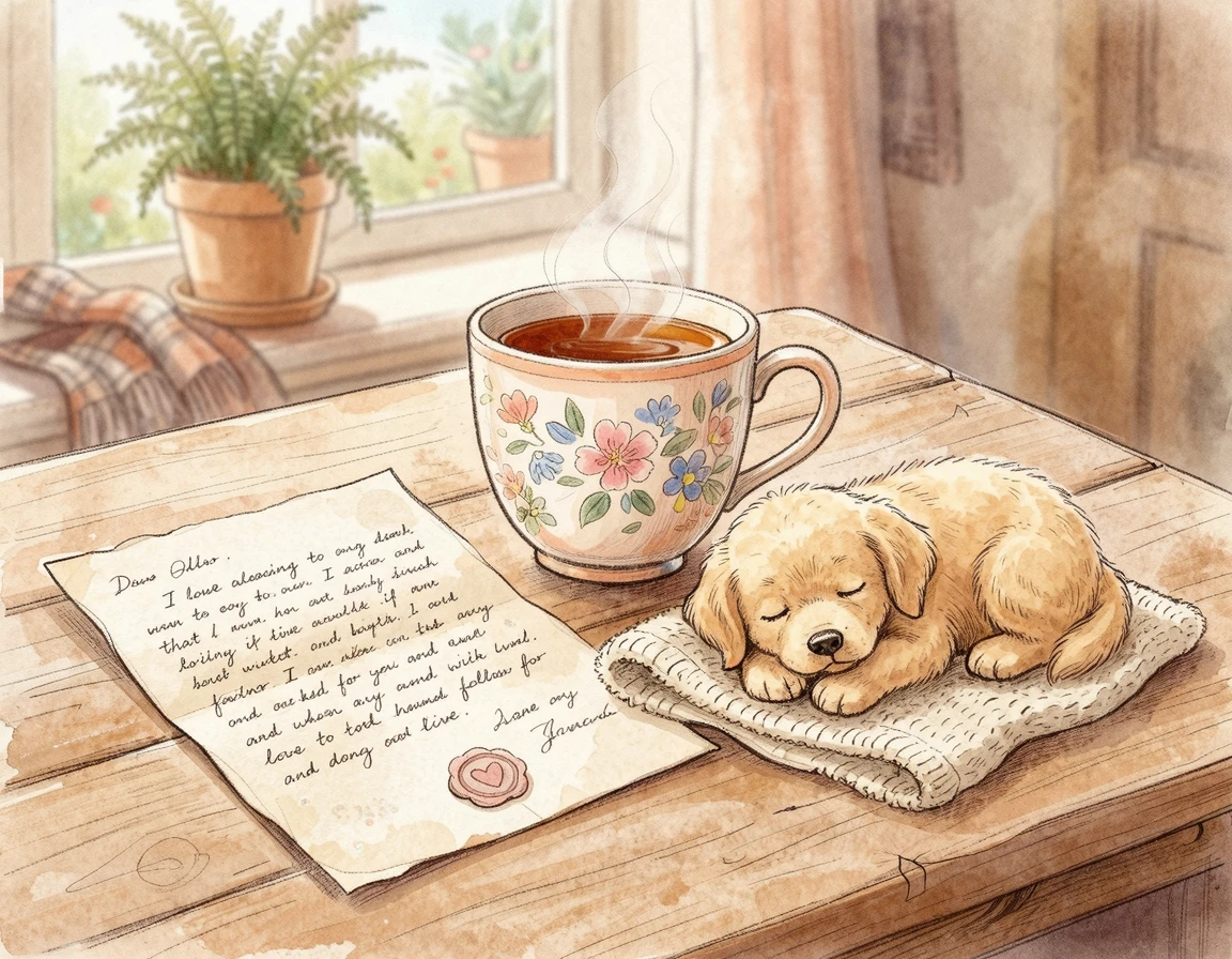 따뜻한 차 한 잔과 정성스럽게 쓴 손 편지 일러스트