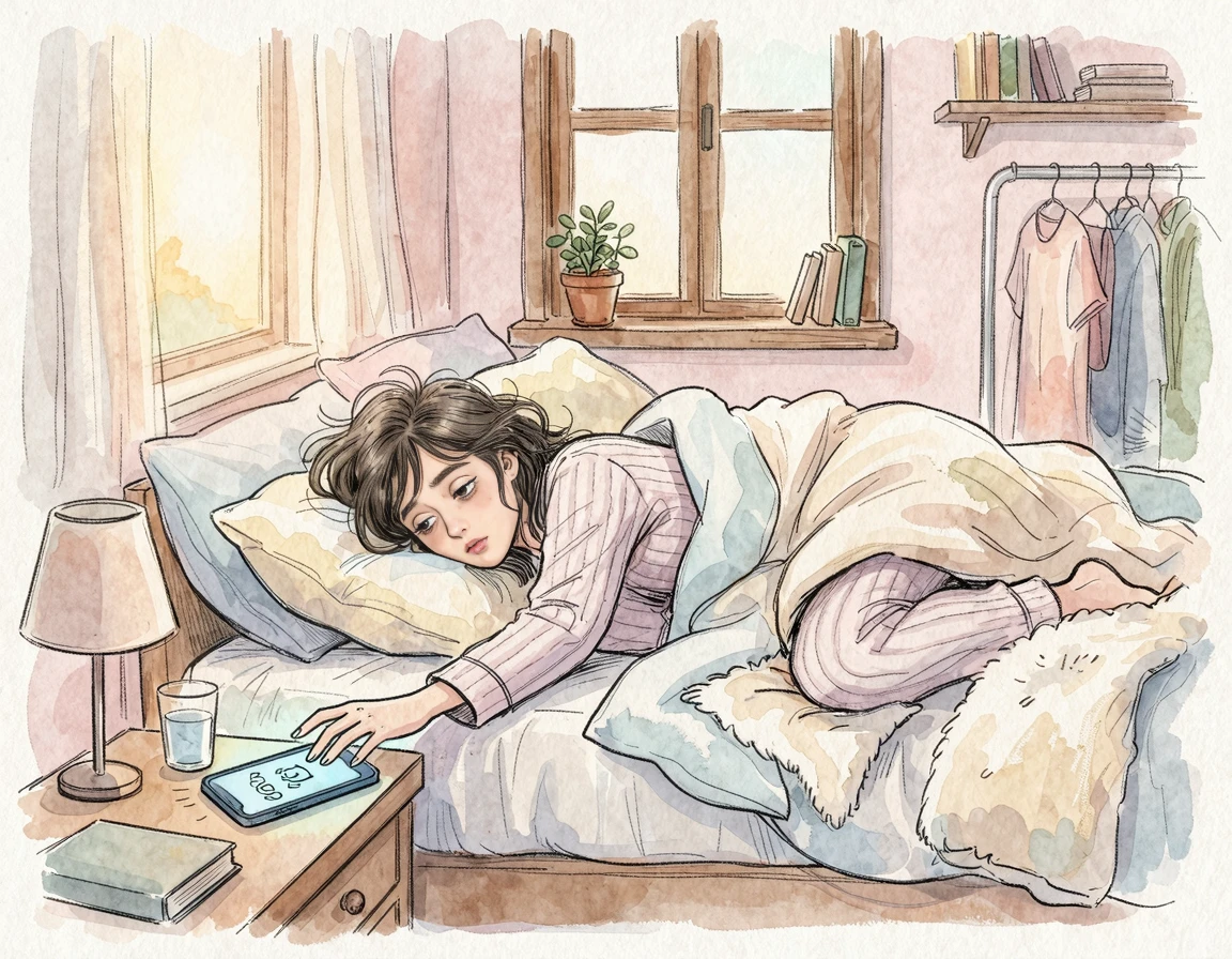 알람을 끄며 아침을 맞이하는 직장인 일러스트