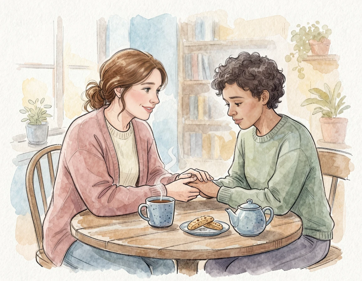 따뜻한 차를 마시며 서로의 손을 잡고 위로하는 두 여성