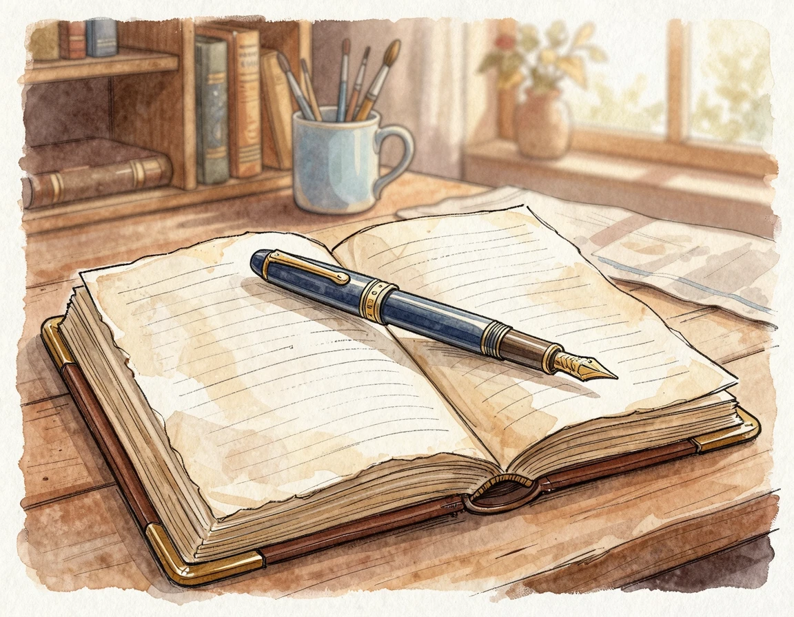 빈티지 다이어리 위에 놓인 우아한 만년필