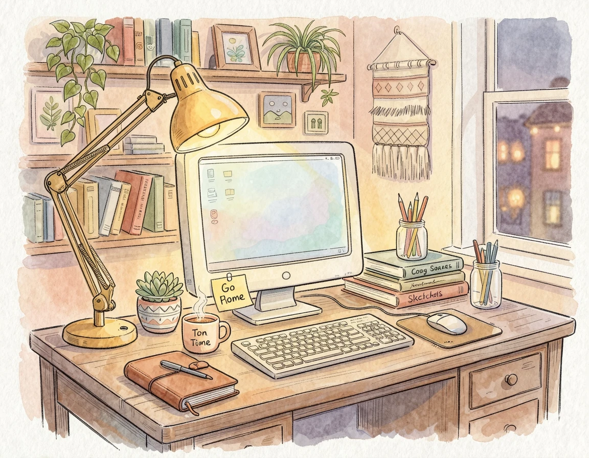 모니터와 포스트잇이 있는 아늑한 사무실 책상 일러스트