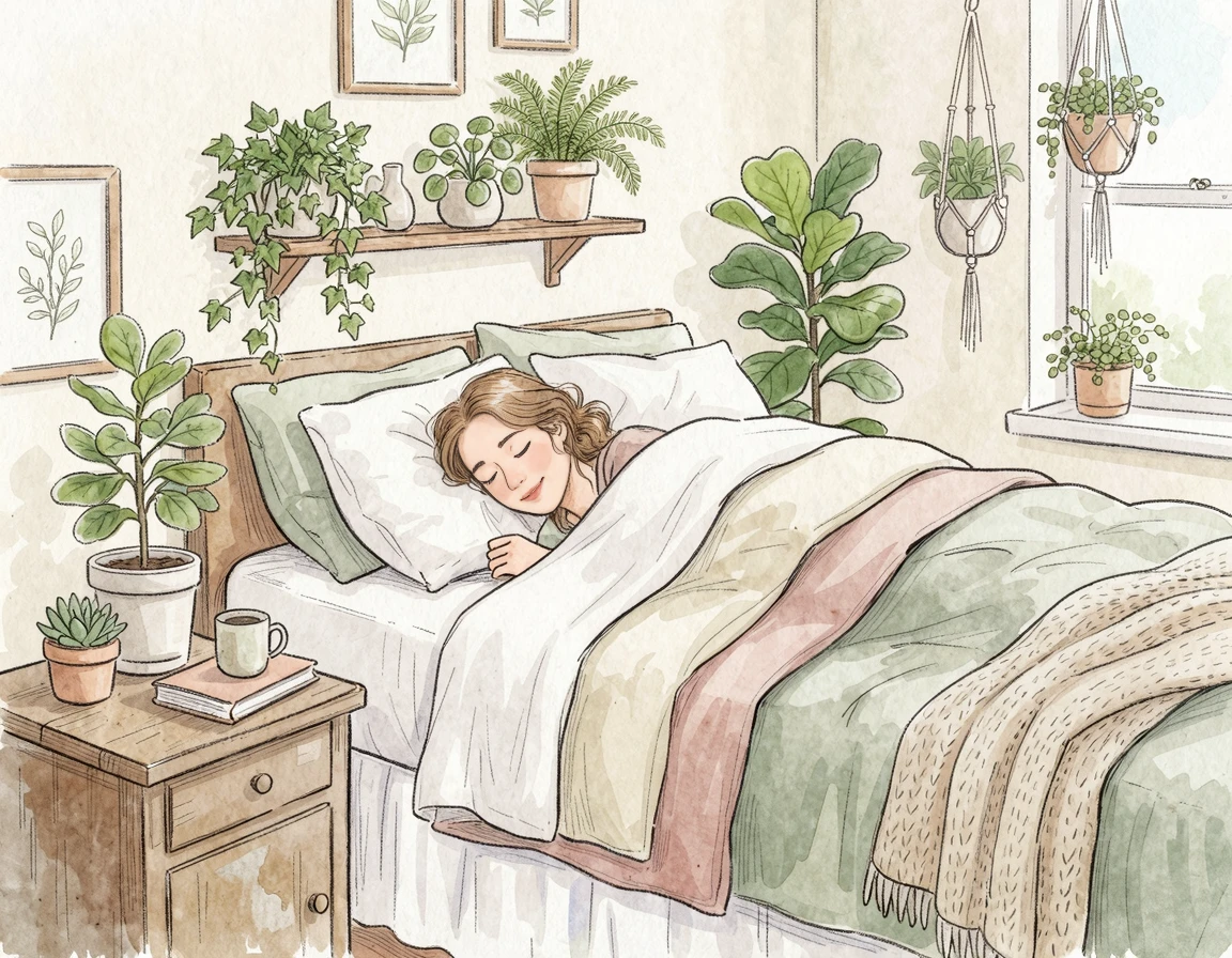 포근한 침대에서 식물들에 둘러싸여 편안하게 휴식을 취하는 모습