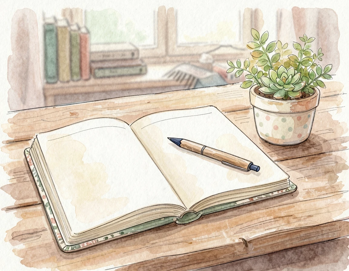 책상 위에 놓인 일기장과 식물 화분 일러스트