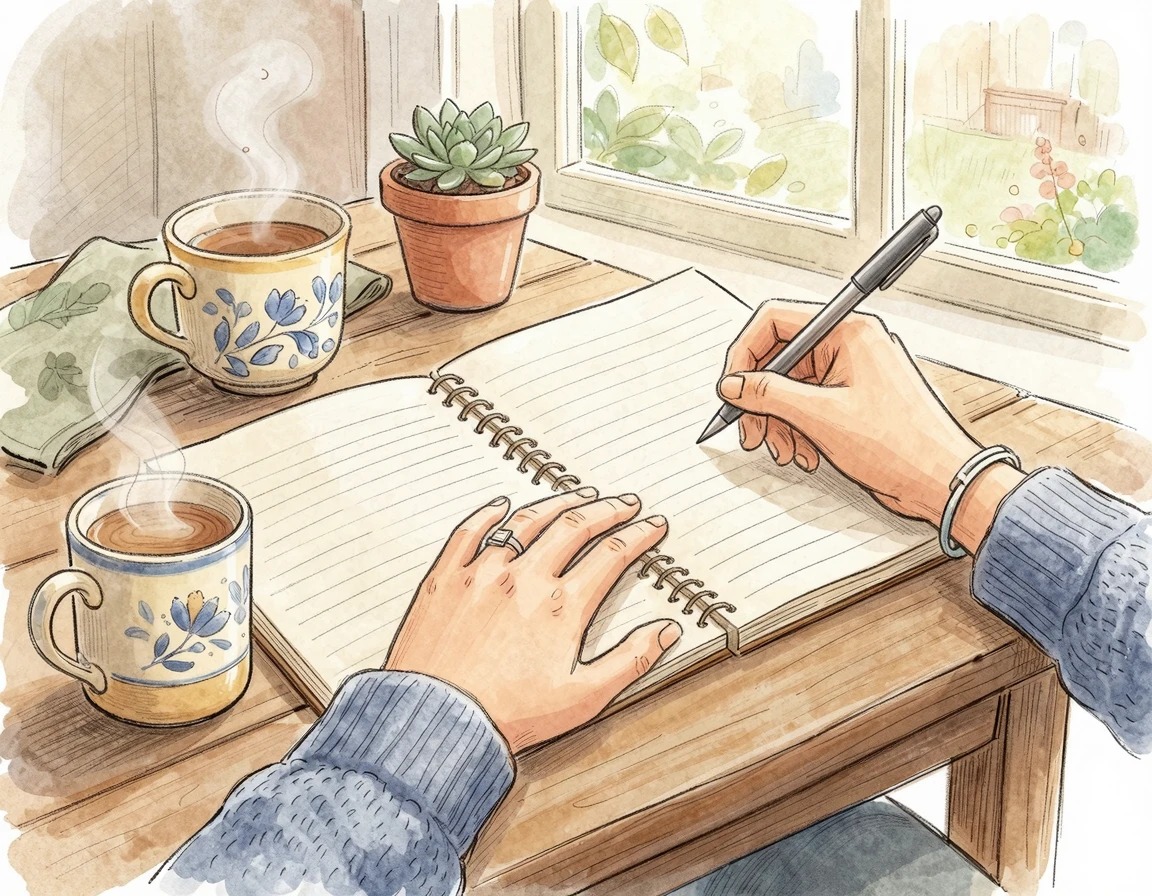 부드러운 아침 햇살 속에서 펜으로 노트에 글을 적고 있는 따뜻한 손의 모습