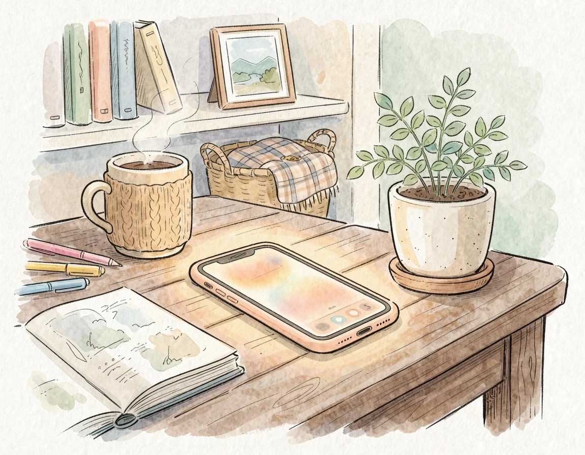 책상 위에 놓인 화분과 부드러운 빛이 나는 스마트폰