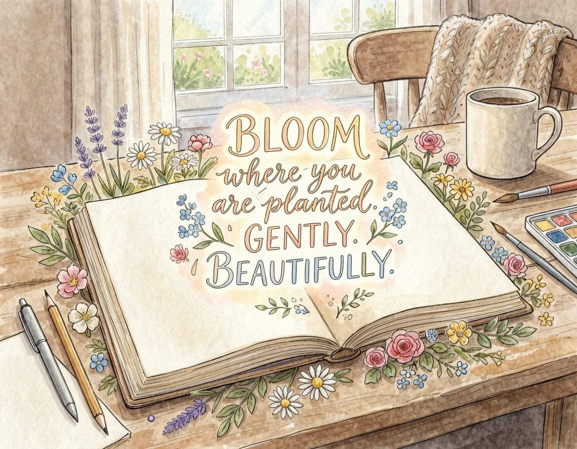 노트 위로 피어나는 작은 꽃들과 빛나는 글귀의 상상