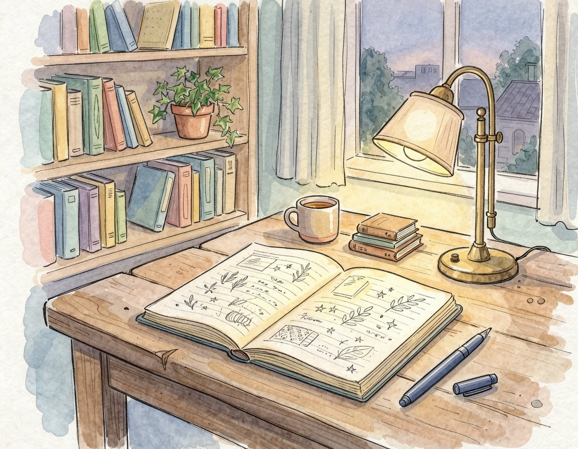 스탠드 조명이 켜진 조용한 책상과 노트