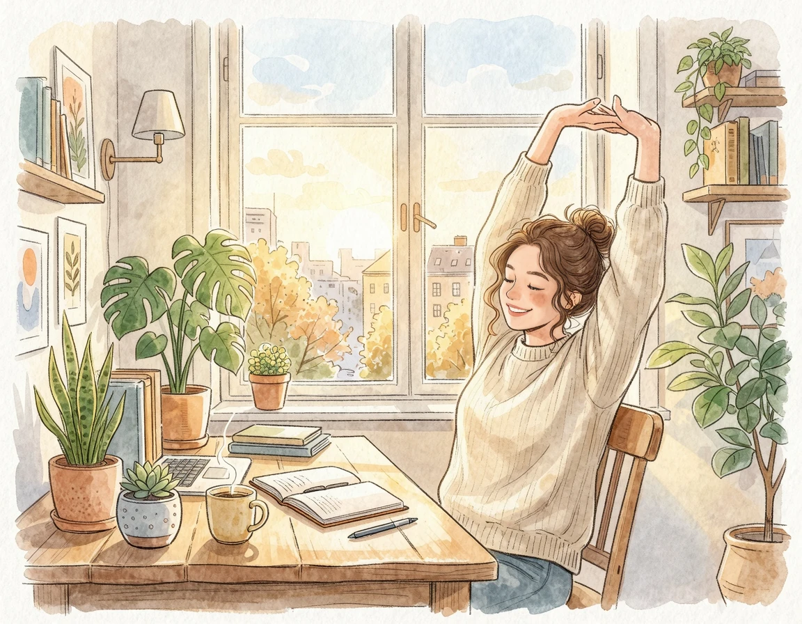 아침 햇살을 받으며 기지개를 켜는 직장인