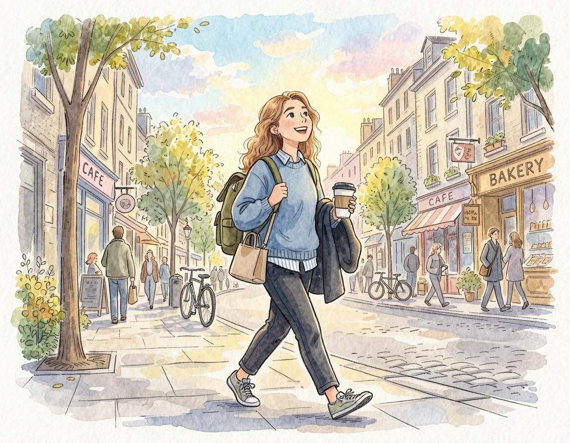 이어폰을 꽂고 맑은 하늘을 보며 출근하는 직장인 일러스트