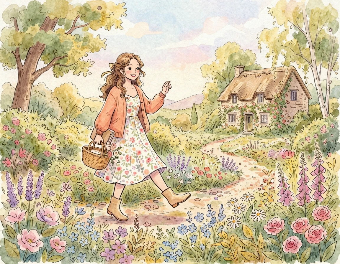 꽃이 피어나는 길 위로 발걸음을 내딛는 사람 일러스트