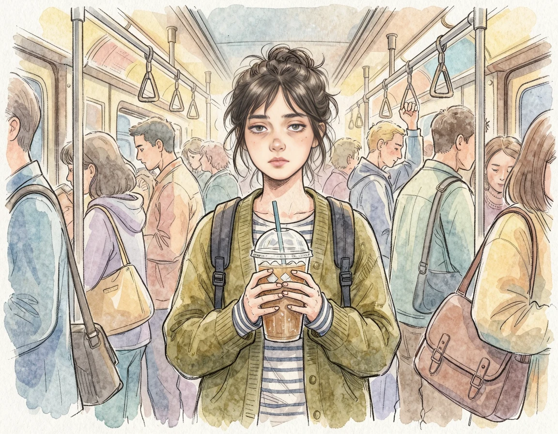 지하철에서 아이스 커피를 들고 출근하는 직장인 일러스트