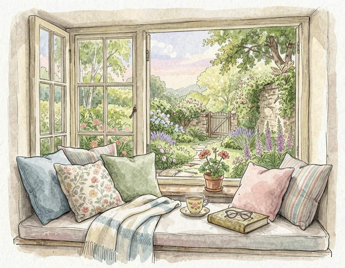 평화로운 정원이 보이는 아늑한 창가 자리
