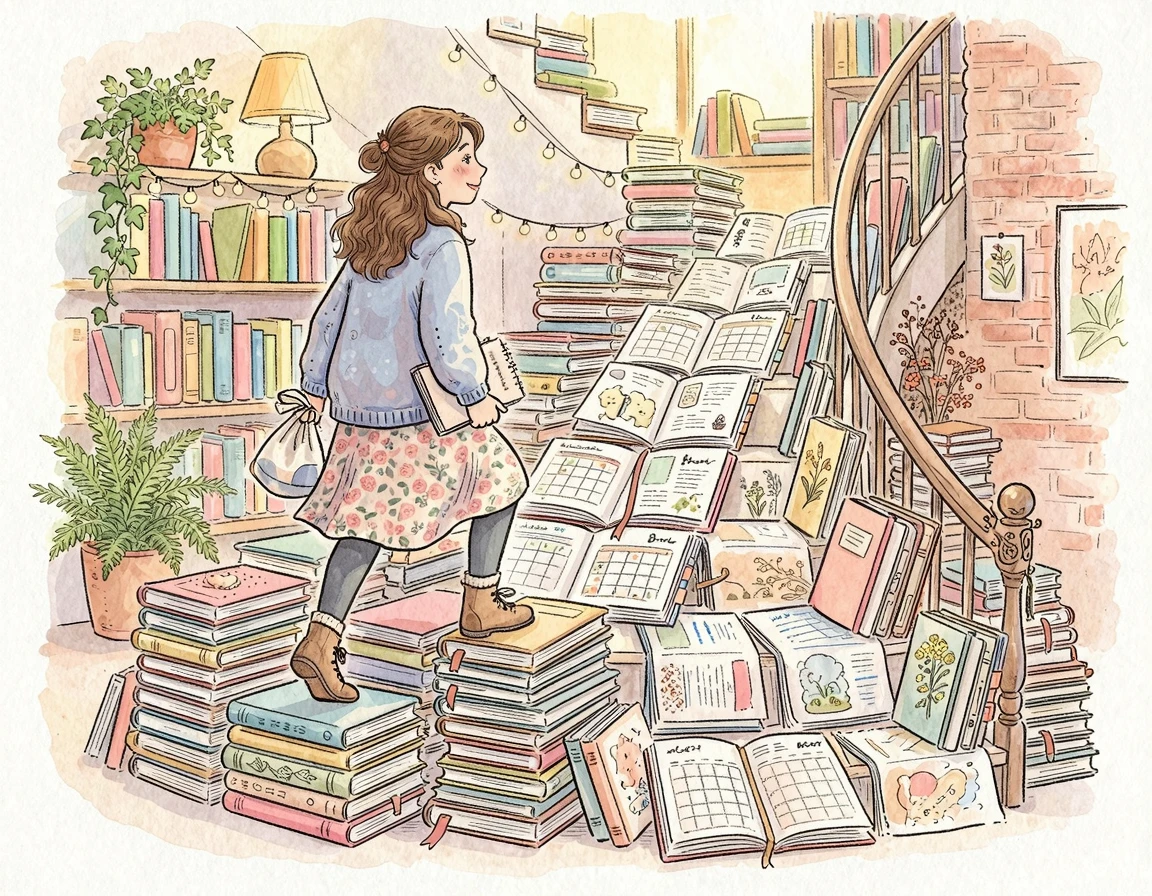 달력과 다이어리로 만들어진 계단을 오르는 사람 일러스트