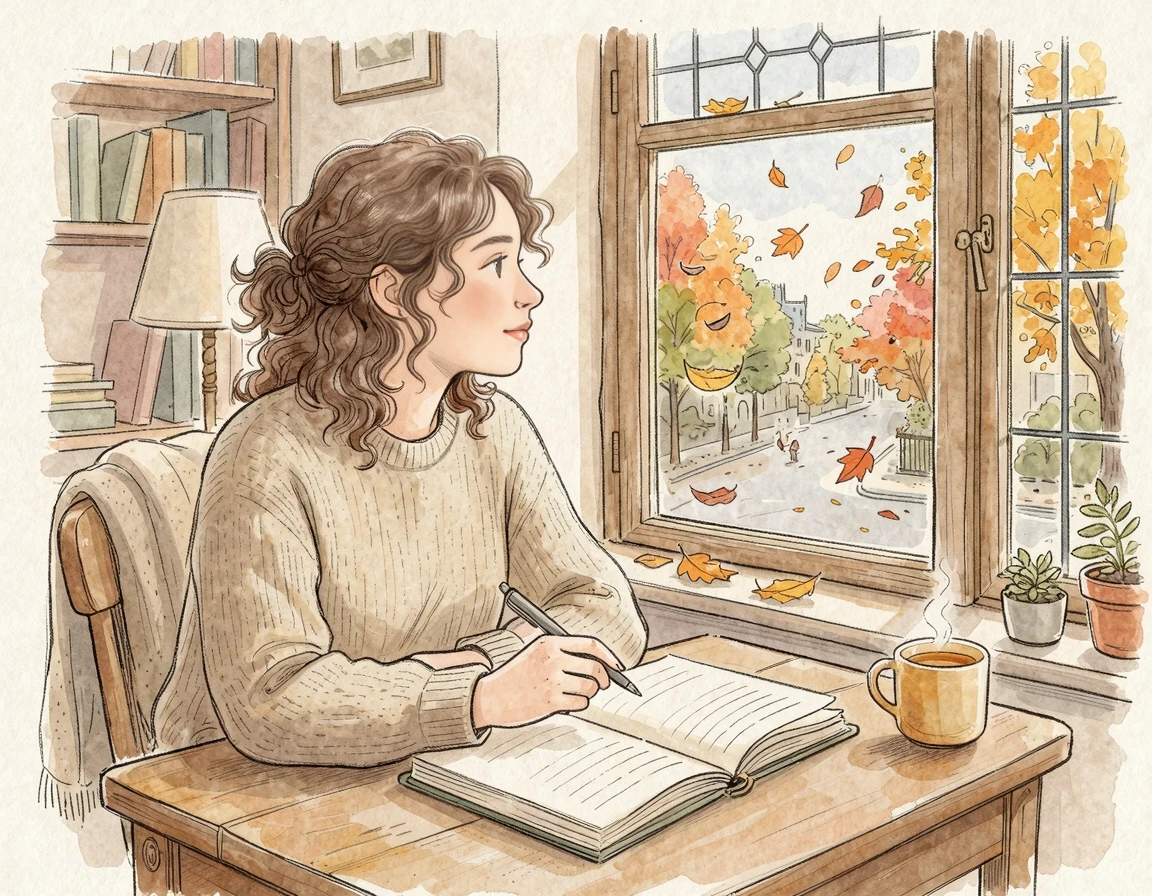 노트를 펼치고 창밖의 낙엽을 보며 생각에 잠긴 모습