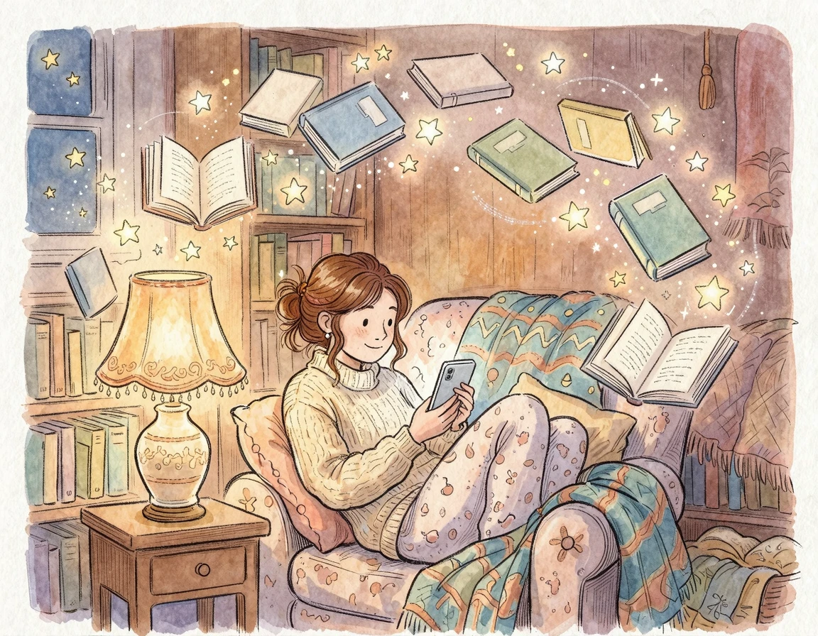 조명 아래서 스마트폰으로 글을 읽는 평온한 모습