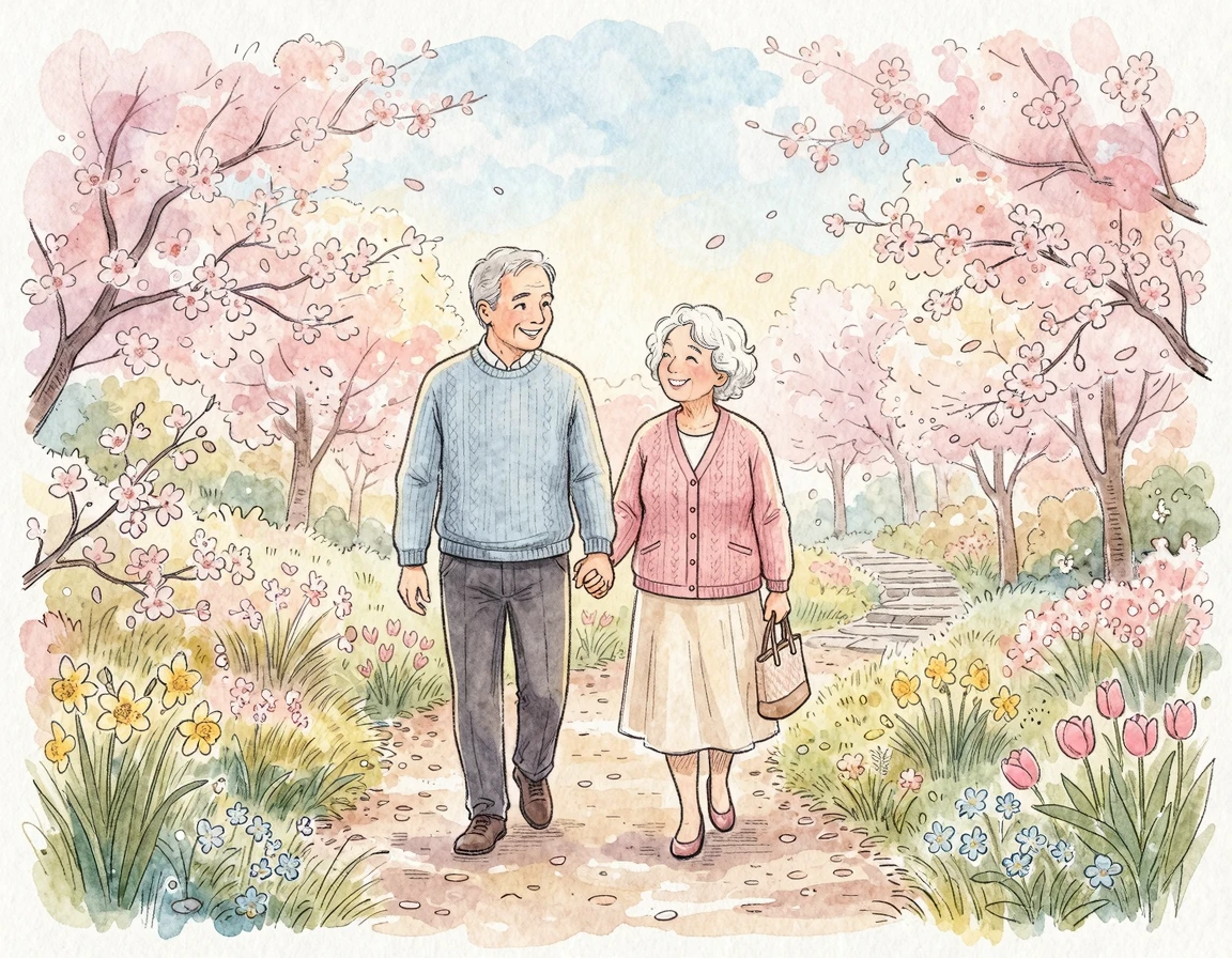 다정하게 손을 잡고 걷는 노부부의 모습
