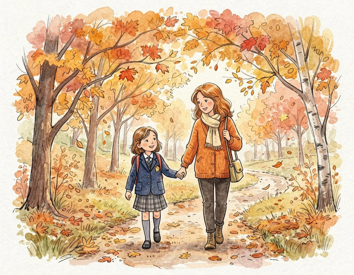 가을 나무 아래서 손을 잡고 걸어가는 어머니와 아이의 따뜻한 일러스트