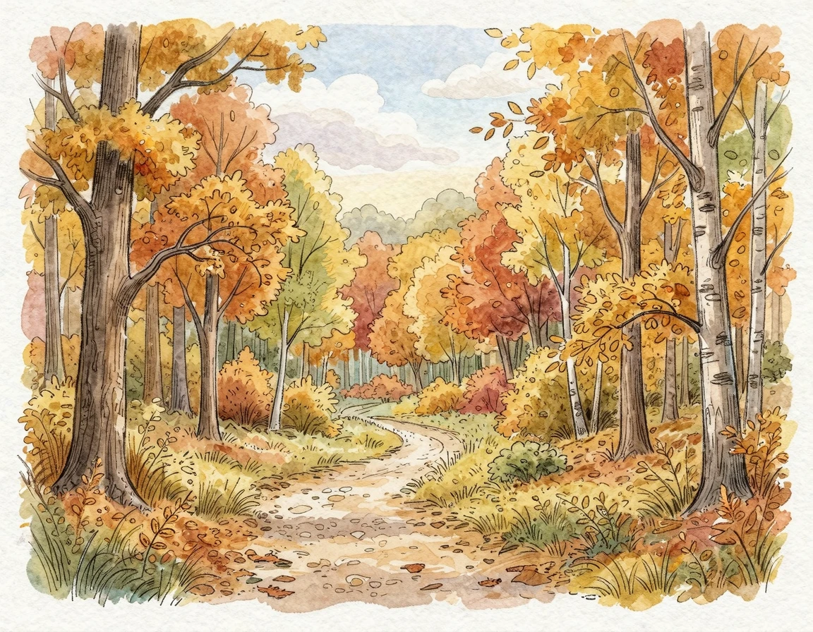 아름다운 단풍이 물든 가을 숲속의 평화로운 오솔길