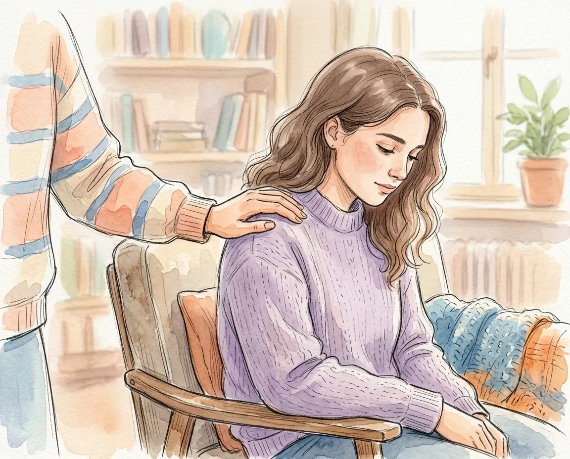 지친 어깨를 따뜻하게 다독여주는 손길을 담은 감성적인 일러스트