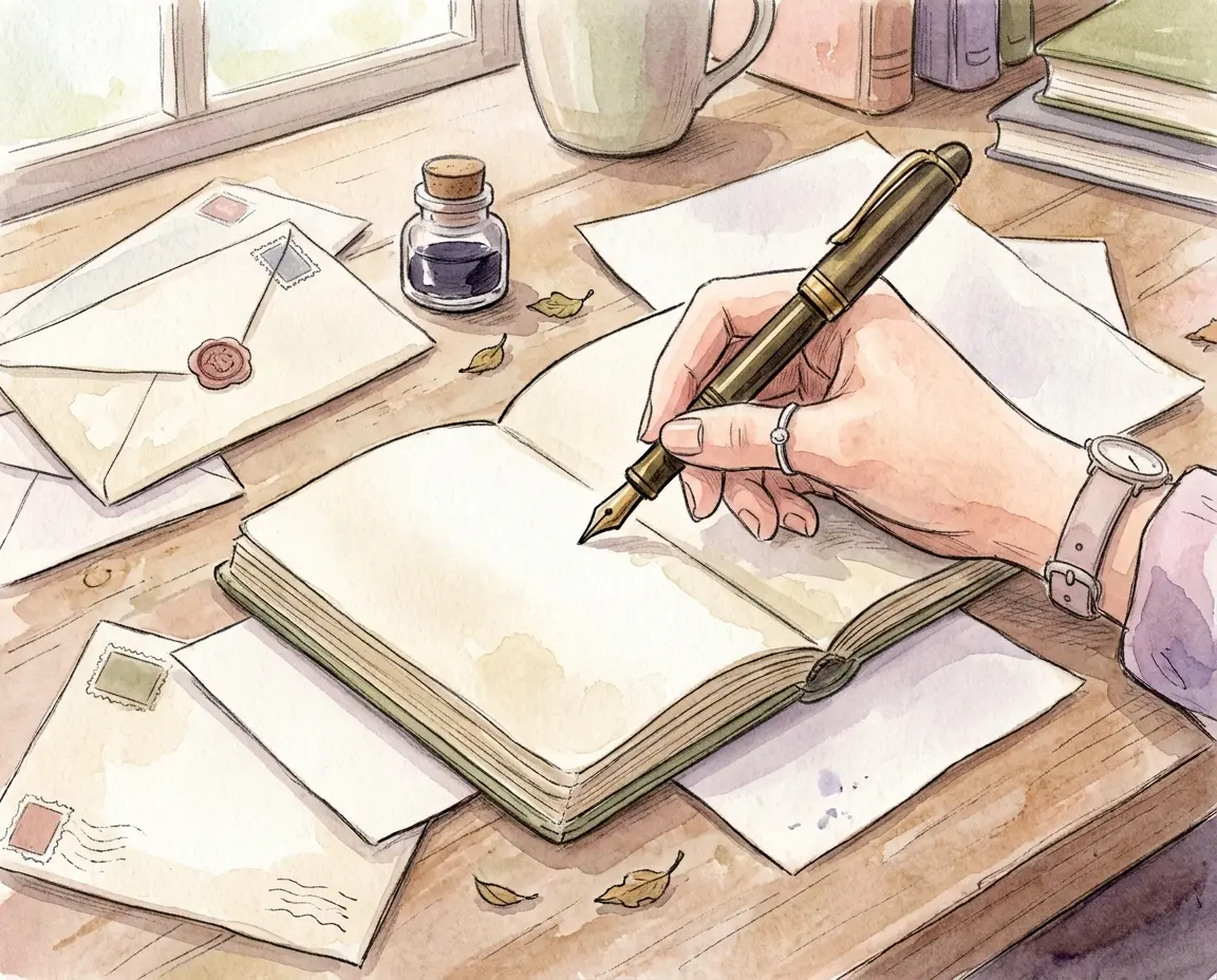 명언집을 보며 편지에 적을 글귀를 고르는 따뜻한 풍경